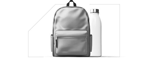 A promotional backpack and reusable drink bottle