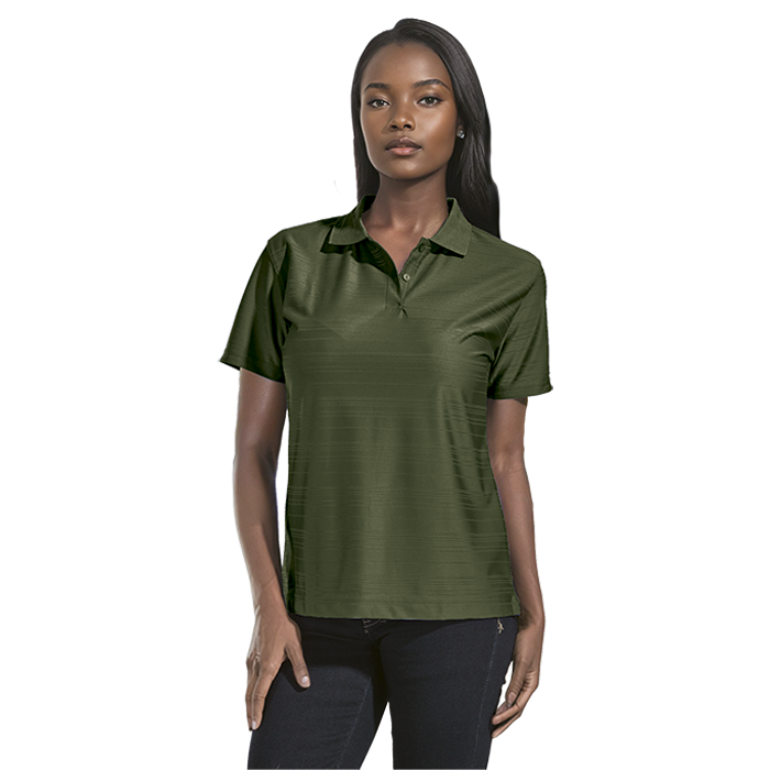 Olive piqué polo shirt worn by a model